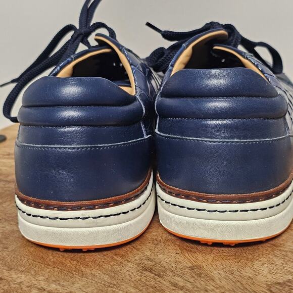 Mens Italian Napa Leather Spikeless Navy Golf Shoe Faux Crocodile Preppy Size 10 - Picture 6 of 10